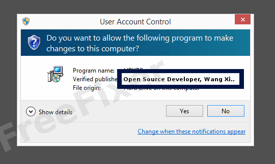 Screenshot where Open Source Developer, Wang Xiaokang appears as the verified publisher in the UAC dialog